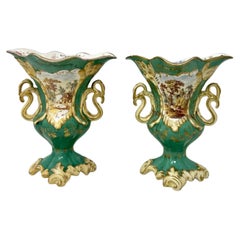 Vintage Pair English Porcelain Green Samuel Alcock Vases Urns Still Life Flower 