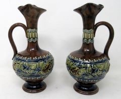 Antique Pair English Porcelain Royal Doulton Art Nouveau Ewers Pitchers Urns