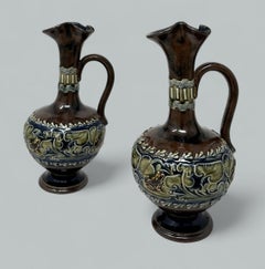 Antique Pair English Porcelain Royal Doulton Art Nouveau Ewers Pitchers Urns