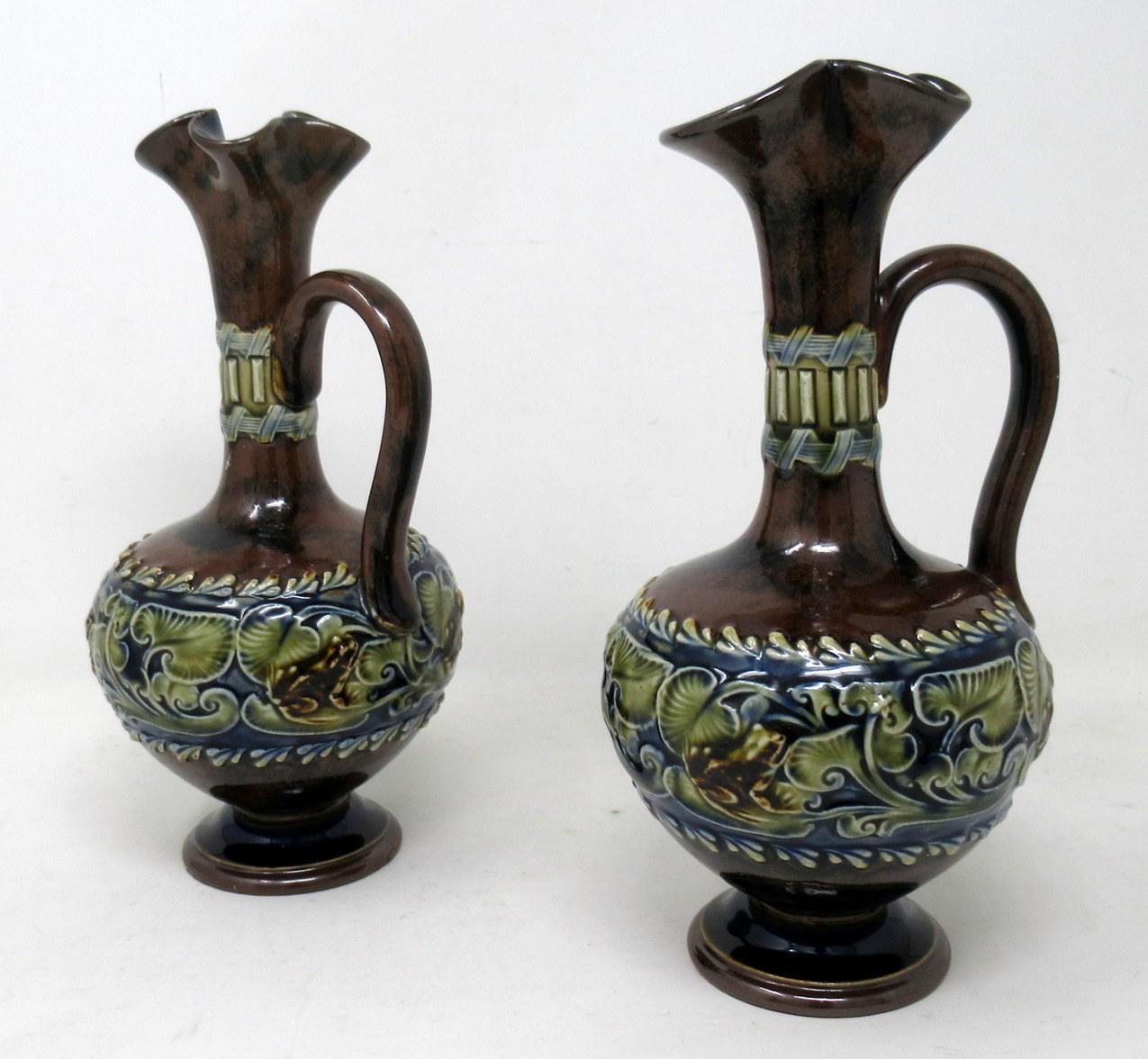 Late Victorian Antique Pair English Porcelain Royal Doulton Art Nouveau Ewers Pitchers Urns
