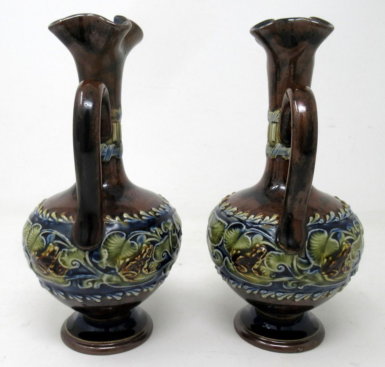 Antique Pair English Porcelain Royal Doulton Art Nouveau Ewers Pitchers Urns In Good Condition In Dublin, Ireland