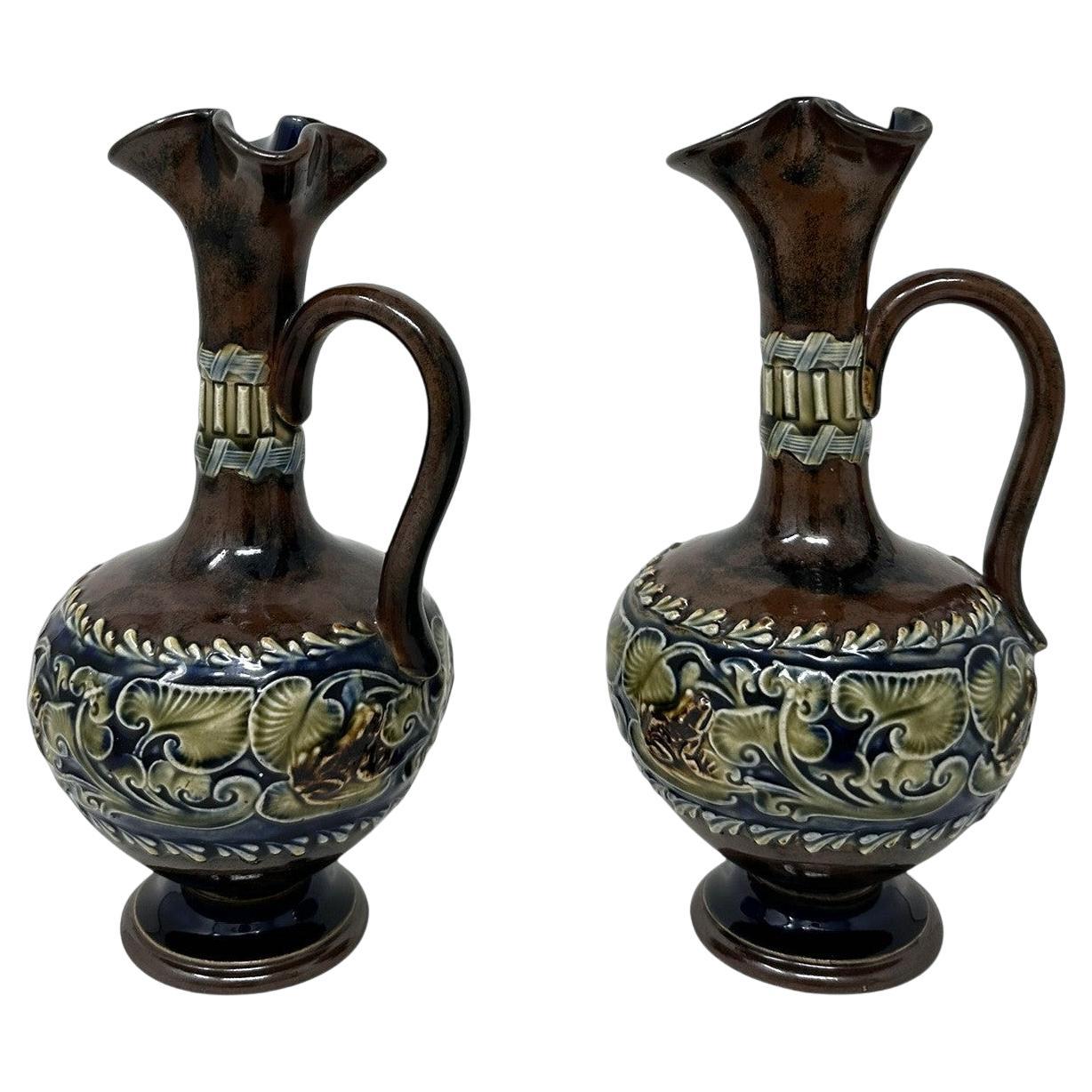 Antique Pair English Porcelain Royal Doulton Art Nouveau Ewers Pitchers Urns