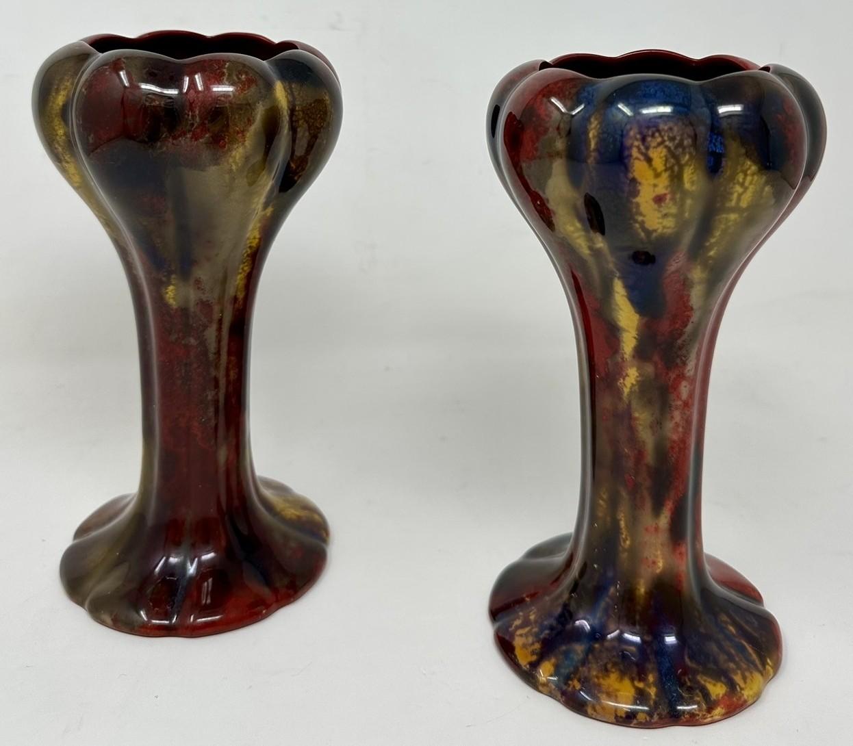 20th Century Antique Pair English Porcelain Royal Doulton Ceramic Art Deco Flambe Vases Urns