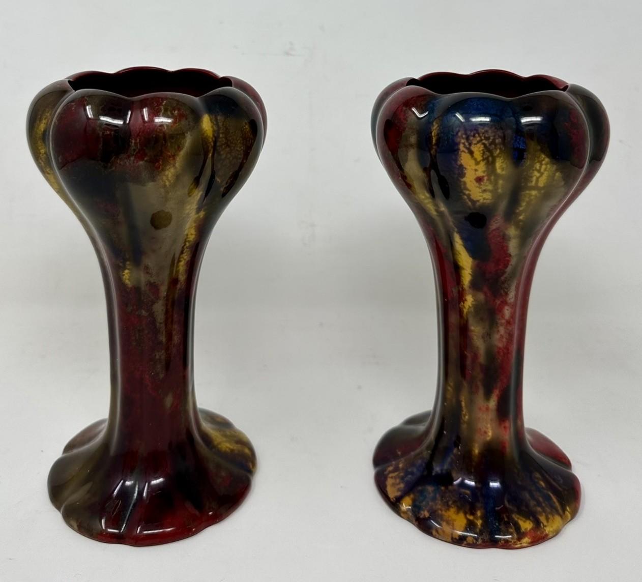 Antique Pair English Porcelain Royal Doulton Ceramic Art Deco Flambe Vases Urns 1