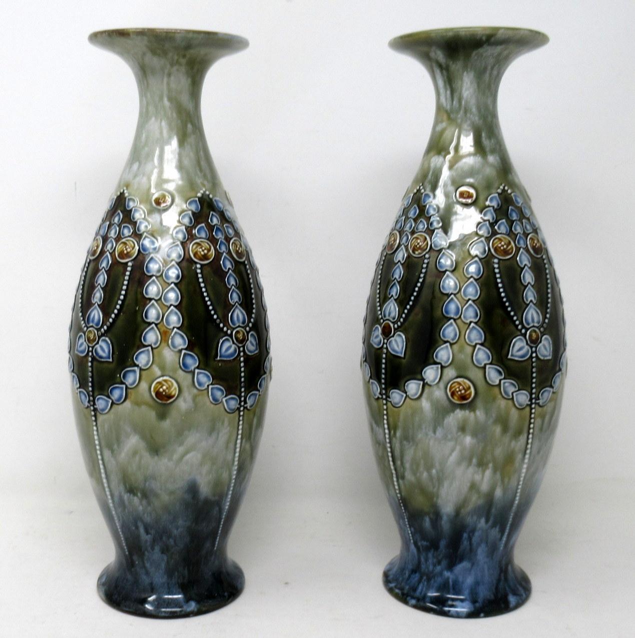 Late Victorian Antique Pair English Porcelain Royal Doulton Ceramic Art Nouveau Vases Urns For Sale