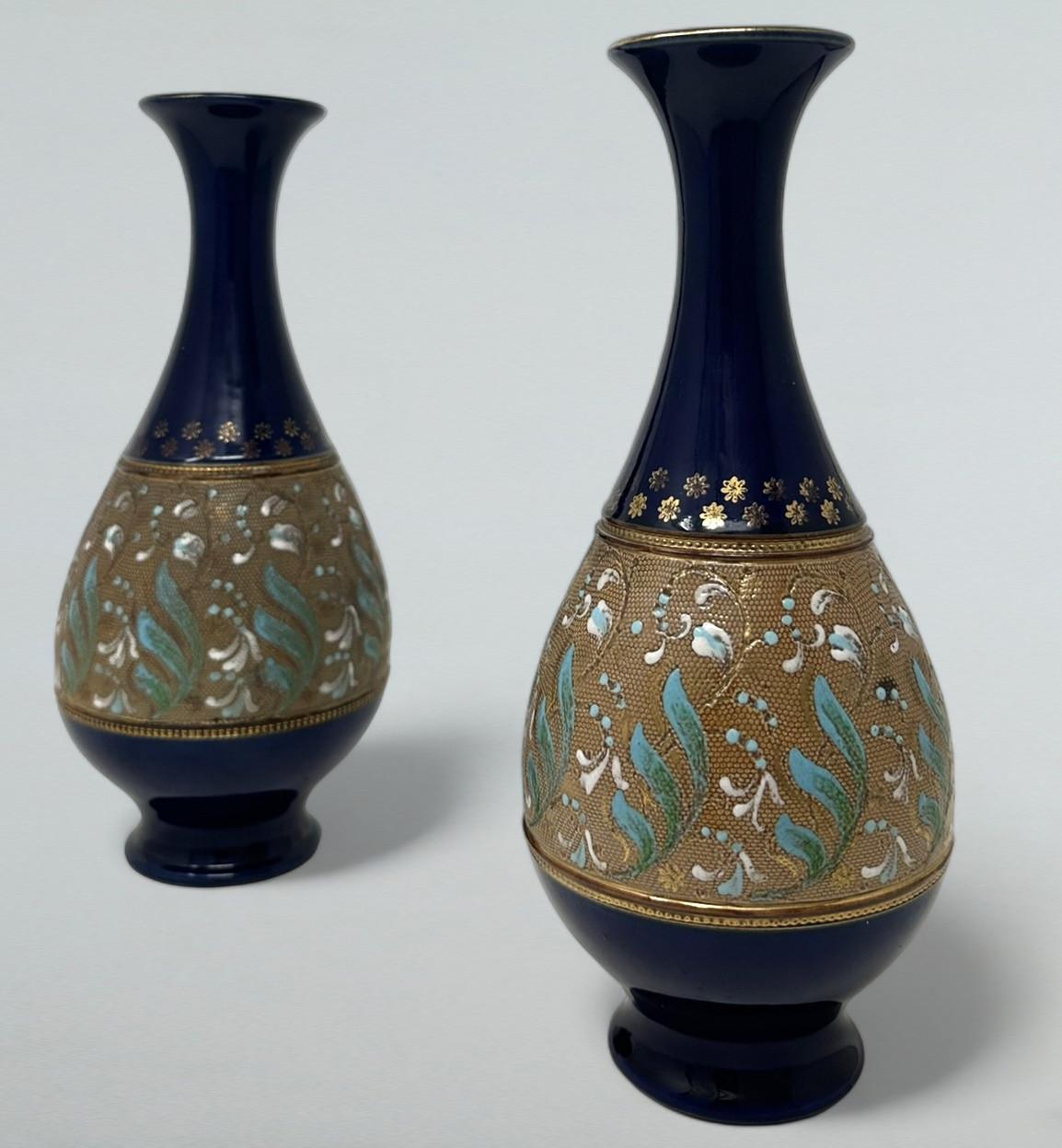 Late Victorian Antique Pair English Porcelain Royal Doulton Ceramic Art Nouveau Vases Urns