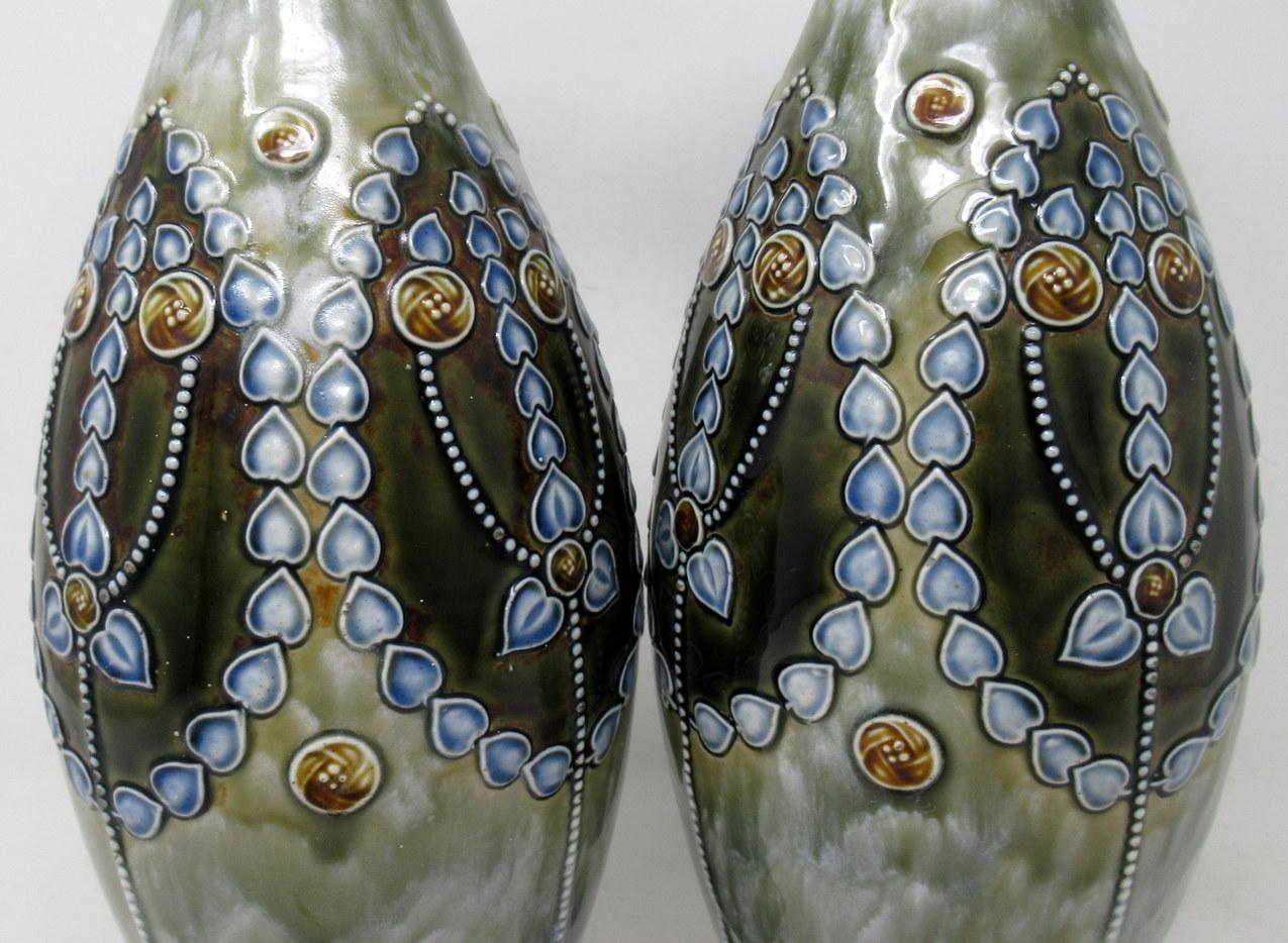 20th Century Antique Pair English Porcelain Royal Doulton Ceramic Art Nouveau Vases Urns For Sale
