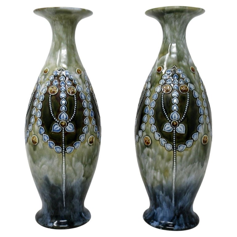 Antique Pair English Porcelain Royal Doulton Ceramic Art Nouveau Vases Urns  For Sale at 1stDibs