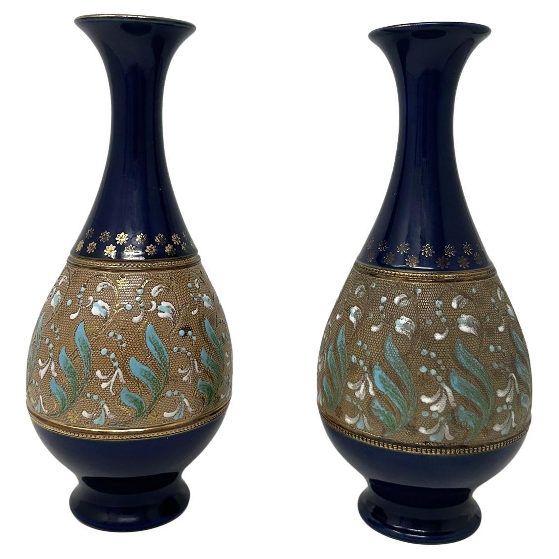Antique Pair English Porcelain Royal Doulton Ceramic Art Nouveau Vases Urns