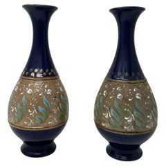 Used Pair English Porcelain Royal Doulton Ceramic Art Nouveau Vases Urns