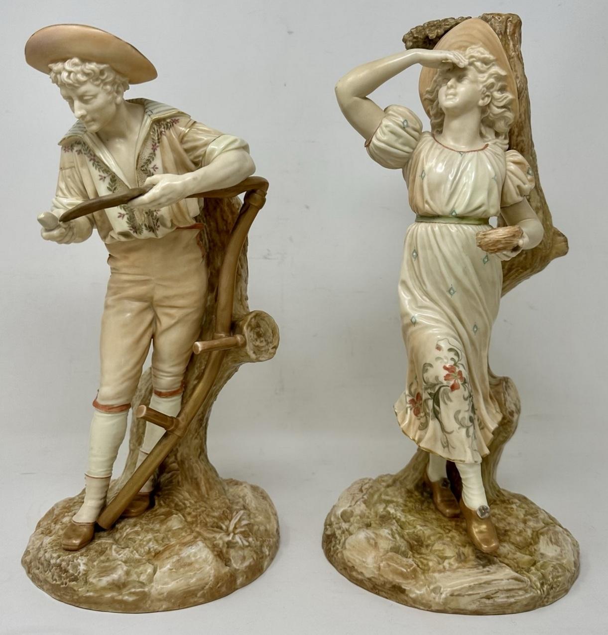 An imposing Pair of English Royal Worcester Hand Painted Standing Figures by James Hadley, decorated in pastel colours with gilt highlights, last quarter of the Nineteenth Century. 

Superbly modelled as a man sharpening his scythe and a woman