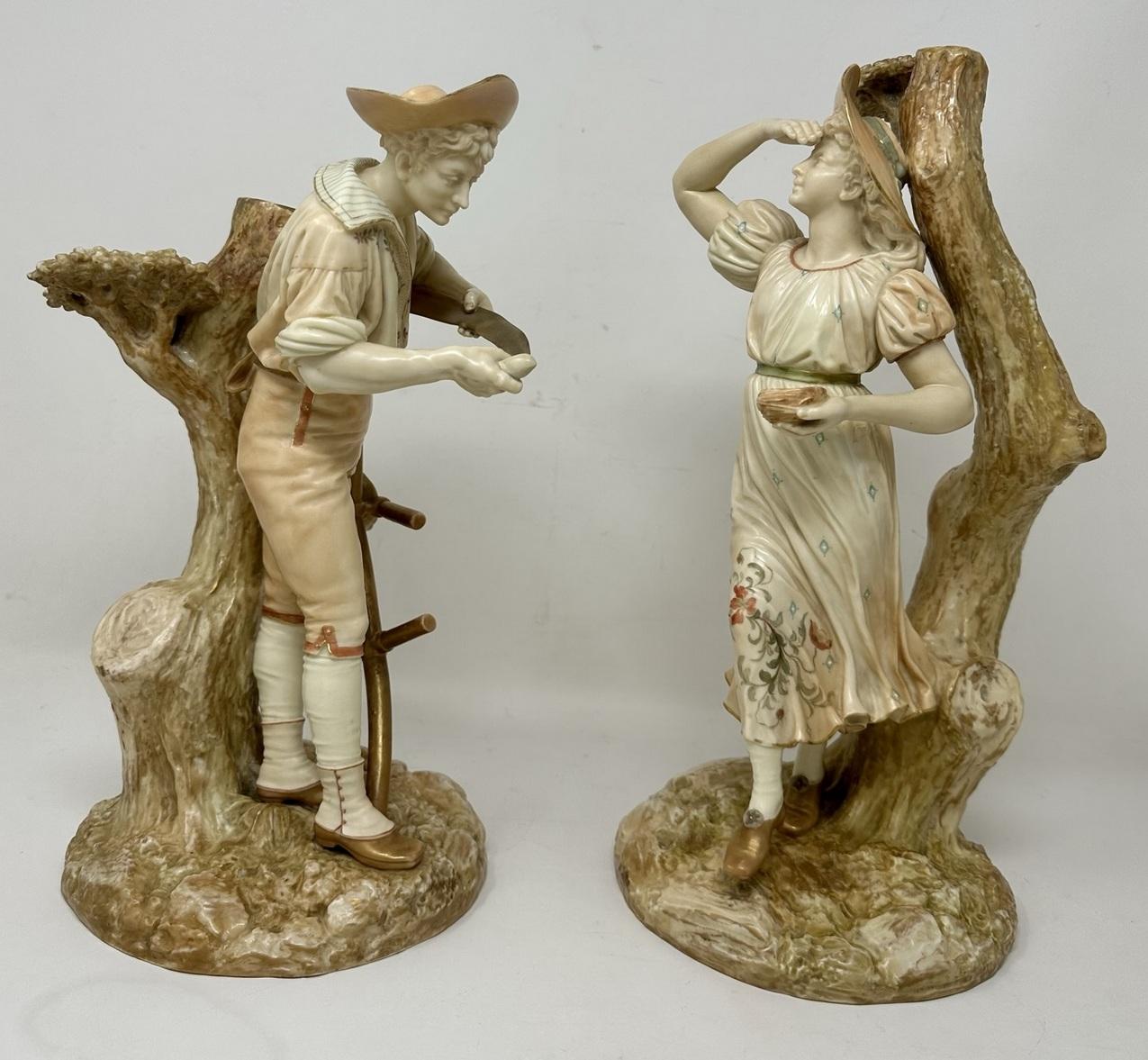 Victorian Antique Pair English Porcelain Royal Worcester James Hadley Blush Figures 19thCt For Sale