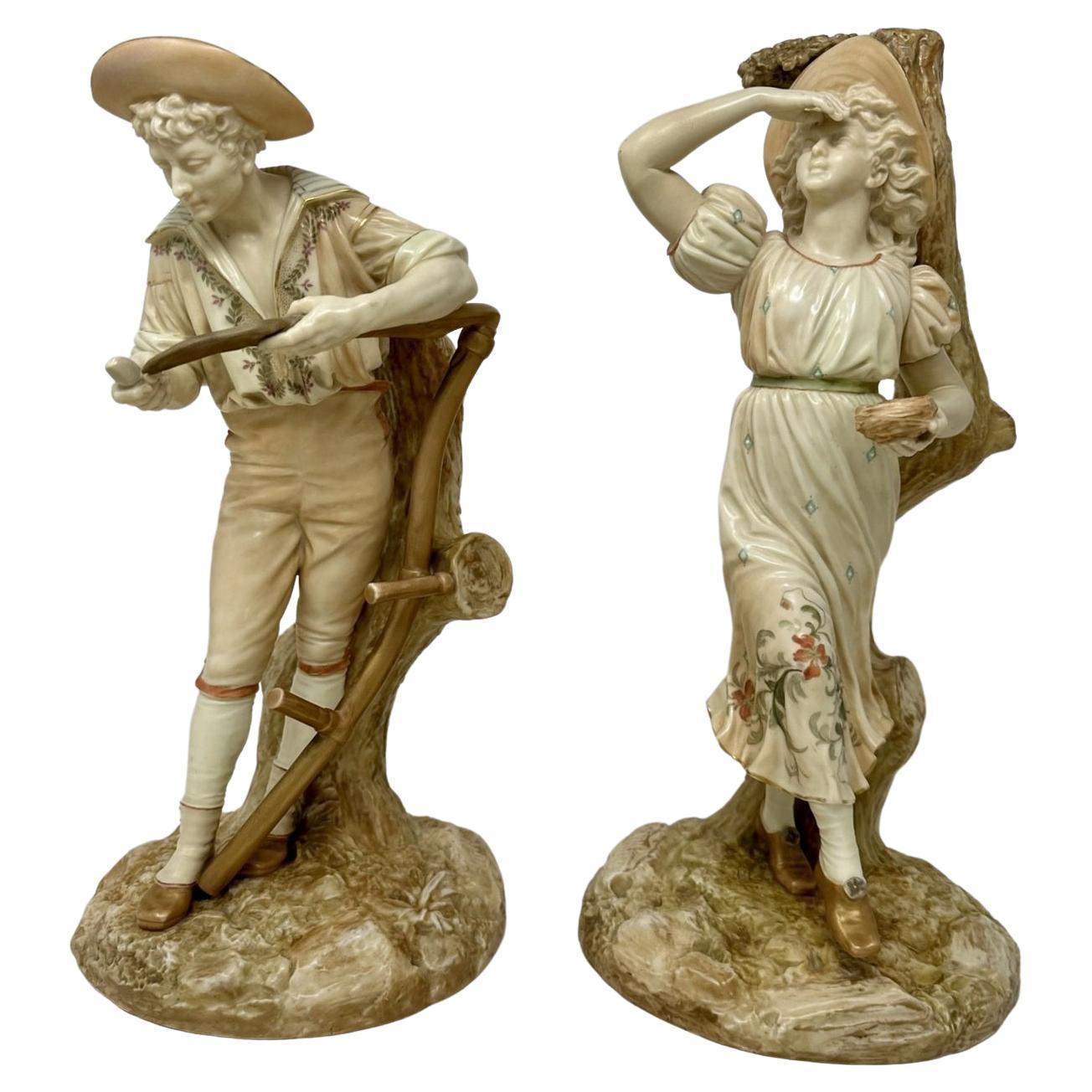 Antikes Paar englisches Porzellan Royal Worcester James Hadley Blush-Figuren, 19. Jahrhundert