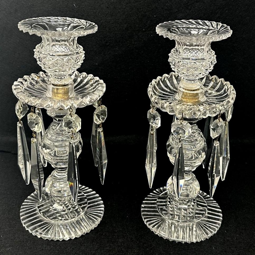Hand-Carved Antique Pair English Regency Candlesticks Crystal Glass Lusters Atrb John Blades For Sale