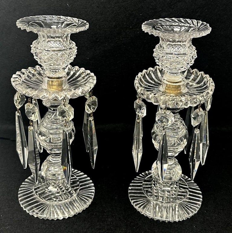 Antique Pair English Regency Candlesticks Crystal Glass Lusters Atrb
