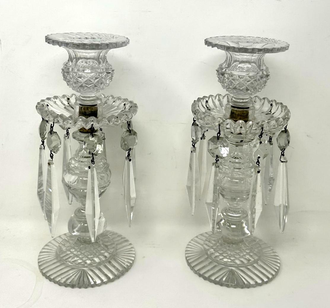 Antique Pair English Regency Candlesticks Crystal Glass Lusters Atrb John Blades In Good Condition In Dublin, Ireland