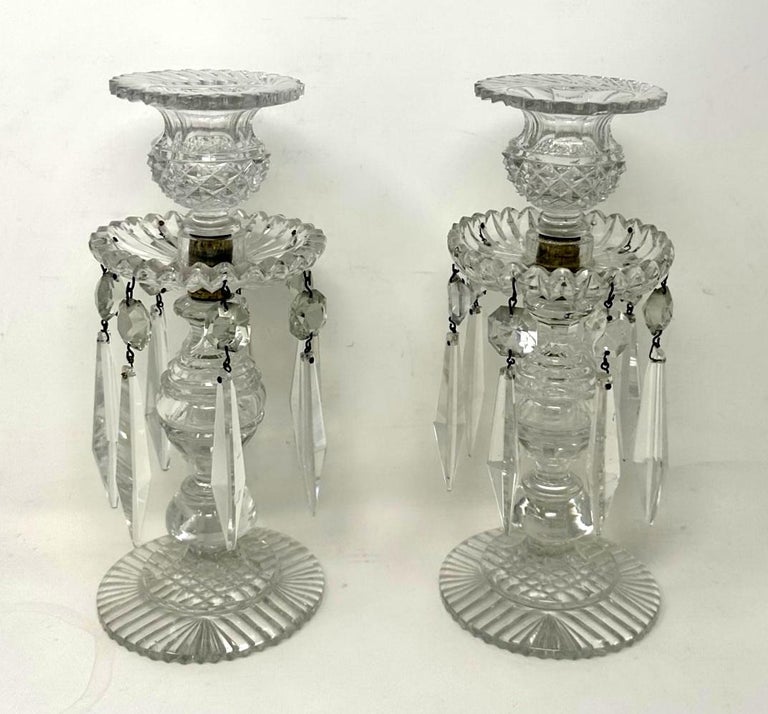 Antique Pair English Regency Candlesticks Crystal Glass Lusters Atrb