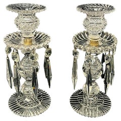 Antique Pair English Regency Candlesticks Crystal Glass Lusters Atrb John Blades