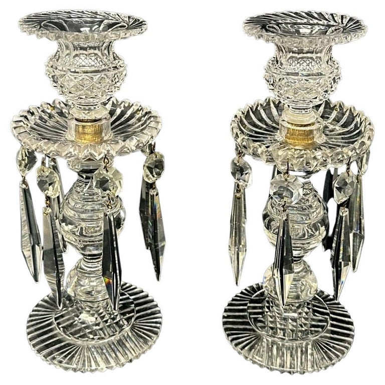 Antique Pair English Regency Candlesticks Crystal Glass Lusters Atrb