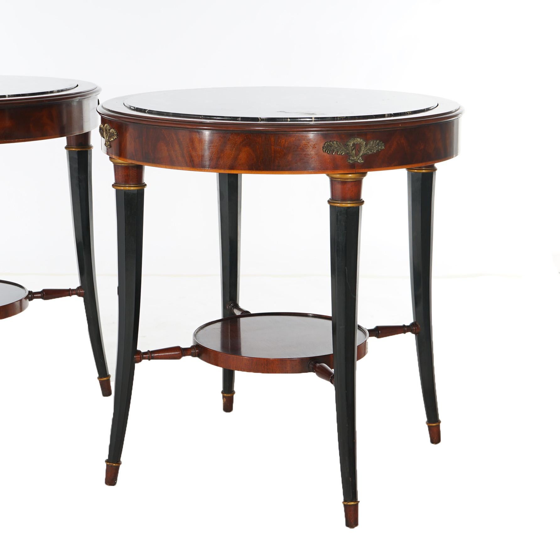 Antique Pair English Regency Flame Mahogany, Ebonized, Gilt & Marble Stands In Good Condition For Sale In Big Flats, NY