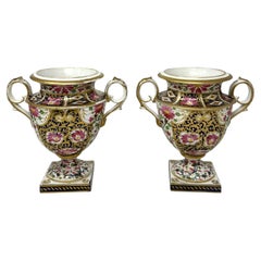 Antique Pair English Royal Crown Derby Campana Porcelain Urns Vases Imari Patern