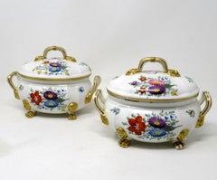 Antique Pair English Royal Crown Derby Hand Painted Tureens Centerpieces Bowls