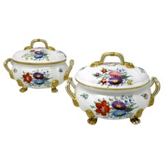 Antique Pair English Royal Crown Derby Hand Painted Tureens Centerpieces Bowls