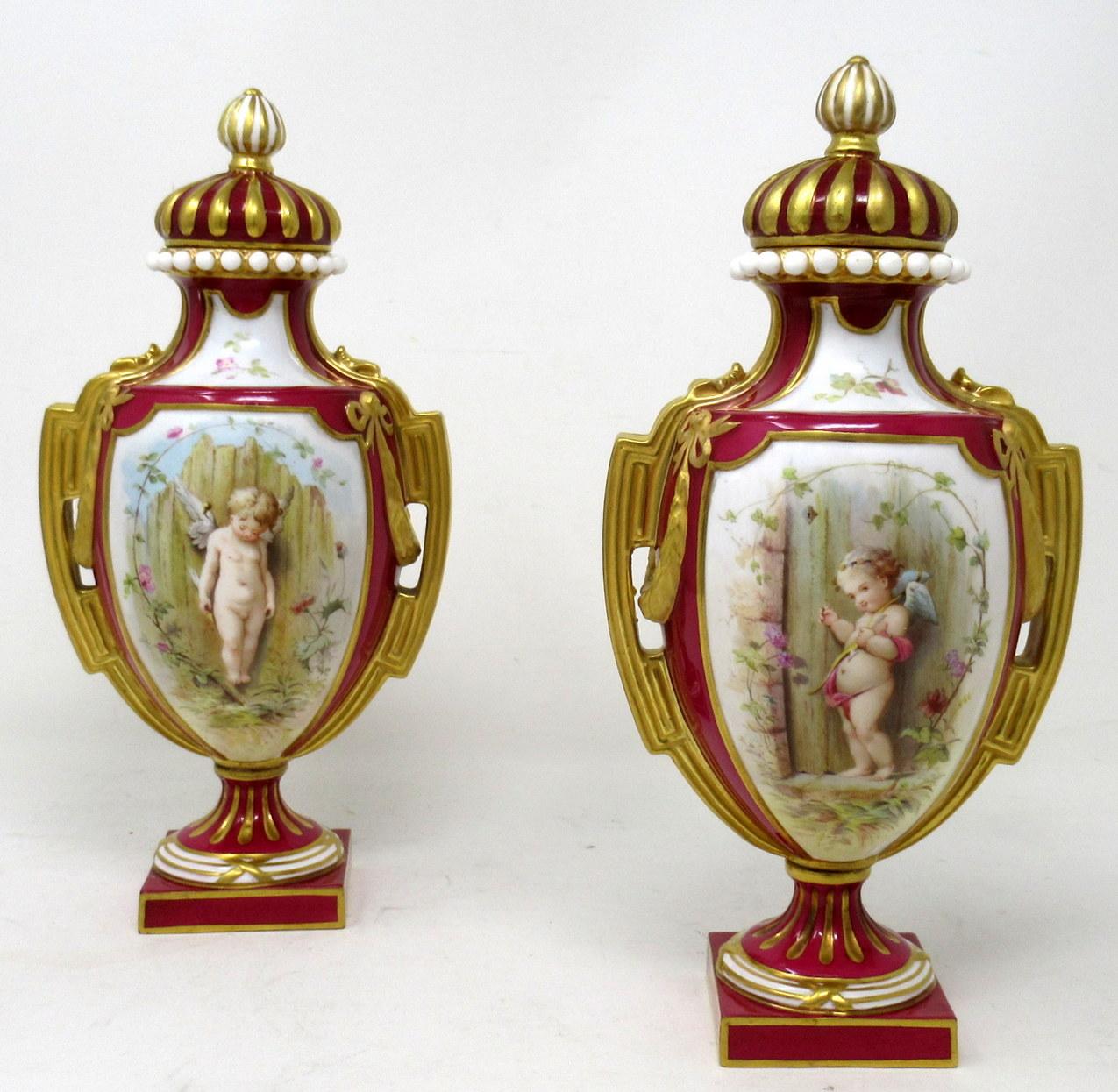 An exceptionally fine examples of a Pair of Crown Derby lidded Vases or Urns of medium proportions and museum quality, complete with original lobed finial covers, exquisitely painted by renowned porcelain Artist Antonin Boullemier, last quarter of