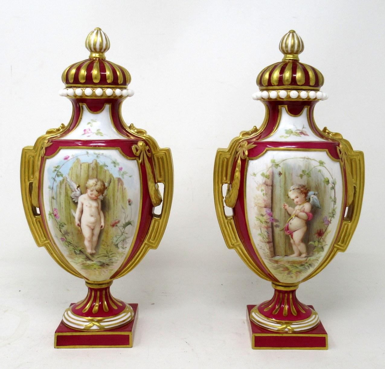 Late Victorian Antique Pair English Royal Crown Derby Porcelain Vases by Antonin Boullemier 19C For Sale