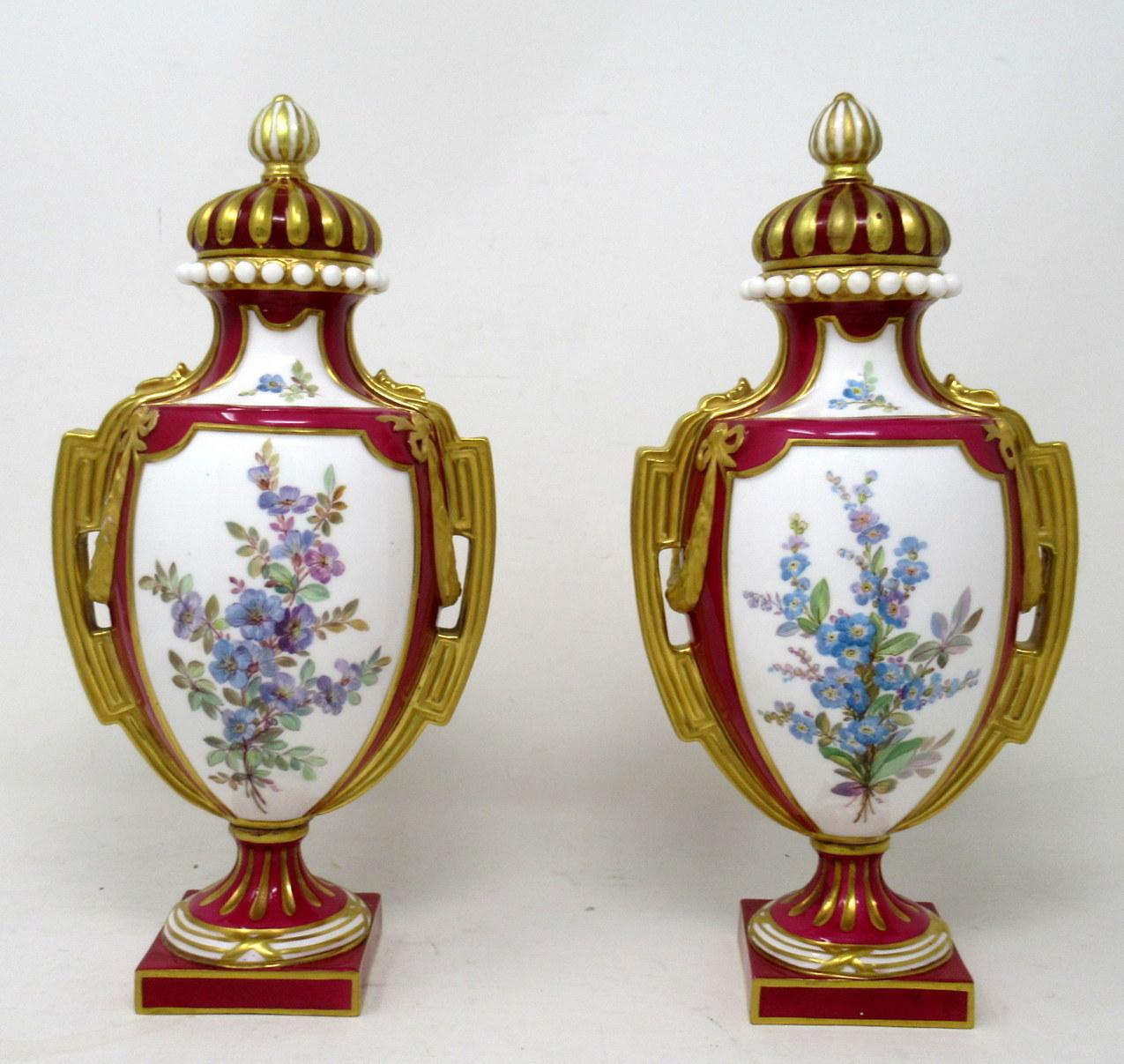 Antique Pair English Royal Crown Derby Porcelain Vases by Antonin Boullemier 19C In Good Condition For Sale In Dublin, Ireland