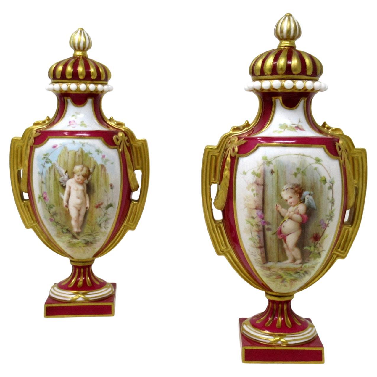 Antique Pair English Royal Crown Derby Porcelain Vases by Antonin Boullemier 19C For Sale