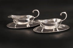 Antique Pair English Silver Plated Sauce Boats on Stands 20th Century