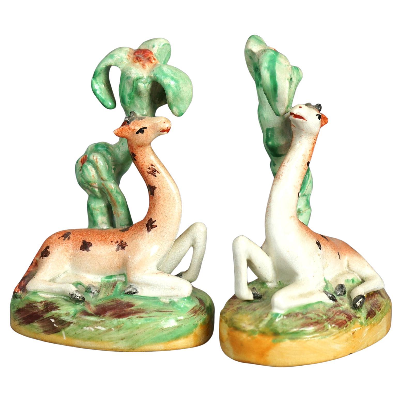 Antique Pair English Staffordshire Polychromed Porcelain Giraffe Figures C1870 In Good Condition In Big Flats, NY