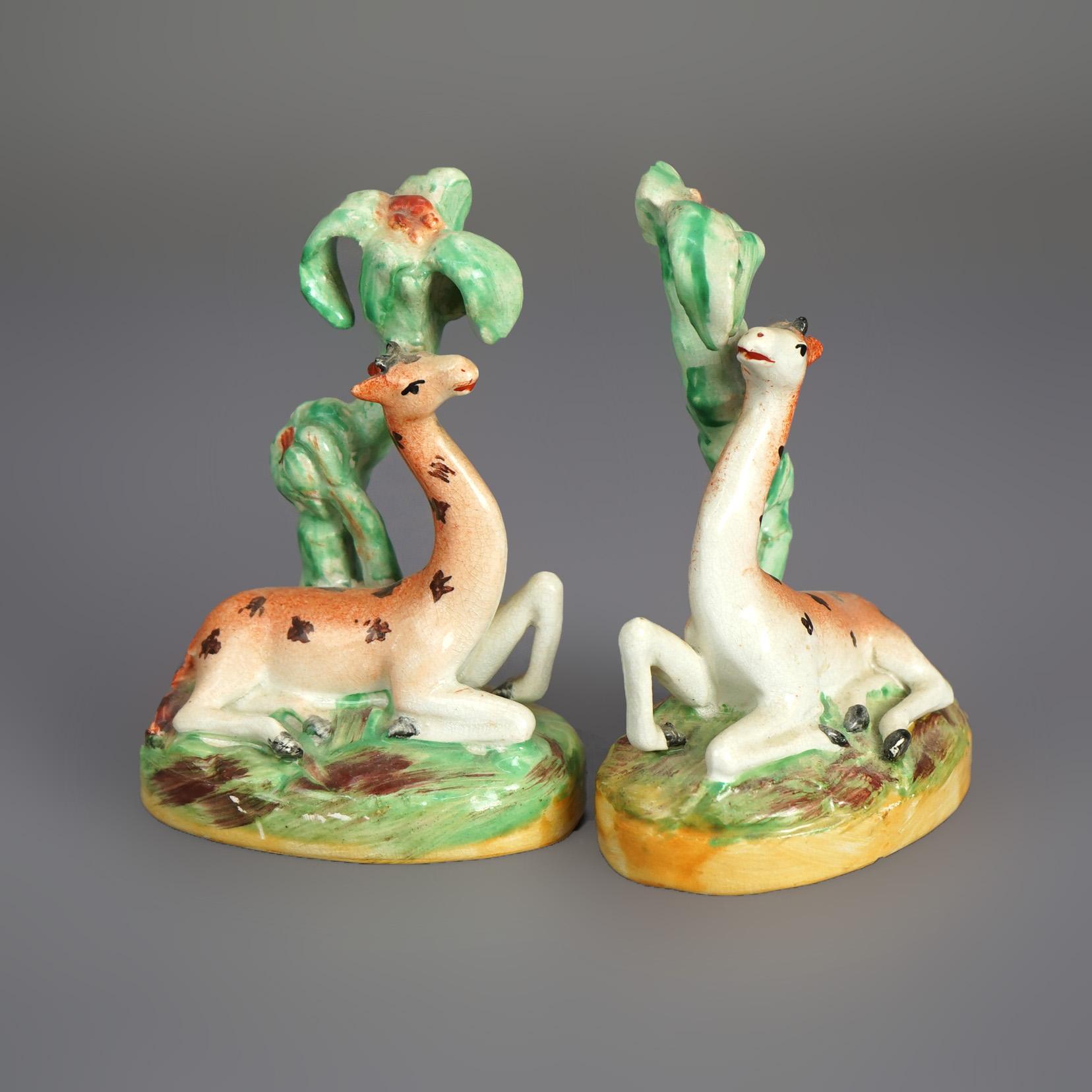 19th Century Antique Pair English Staffordshire Polychromed Porcelain Giraffe Figures C1870