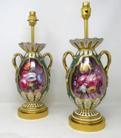 Antique Pair English Staffordshire Porcelain Table Lamps Ridgway or Rockingham