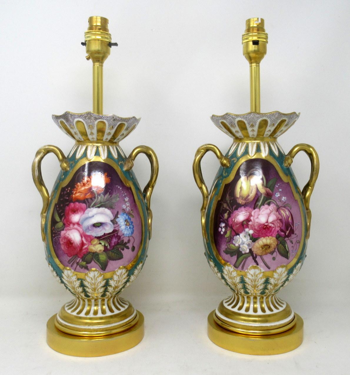 Début de l'époque victorienne Ancienne paire de lampes de bureau anglaises en porcelaine du Staffordshire, Ridgway ou Rockingham en vente