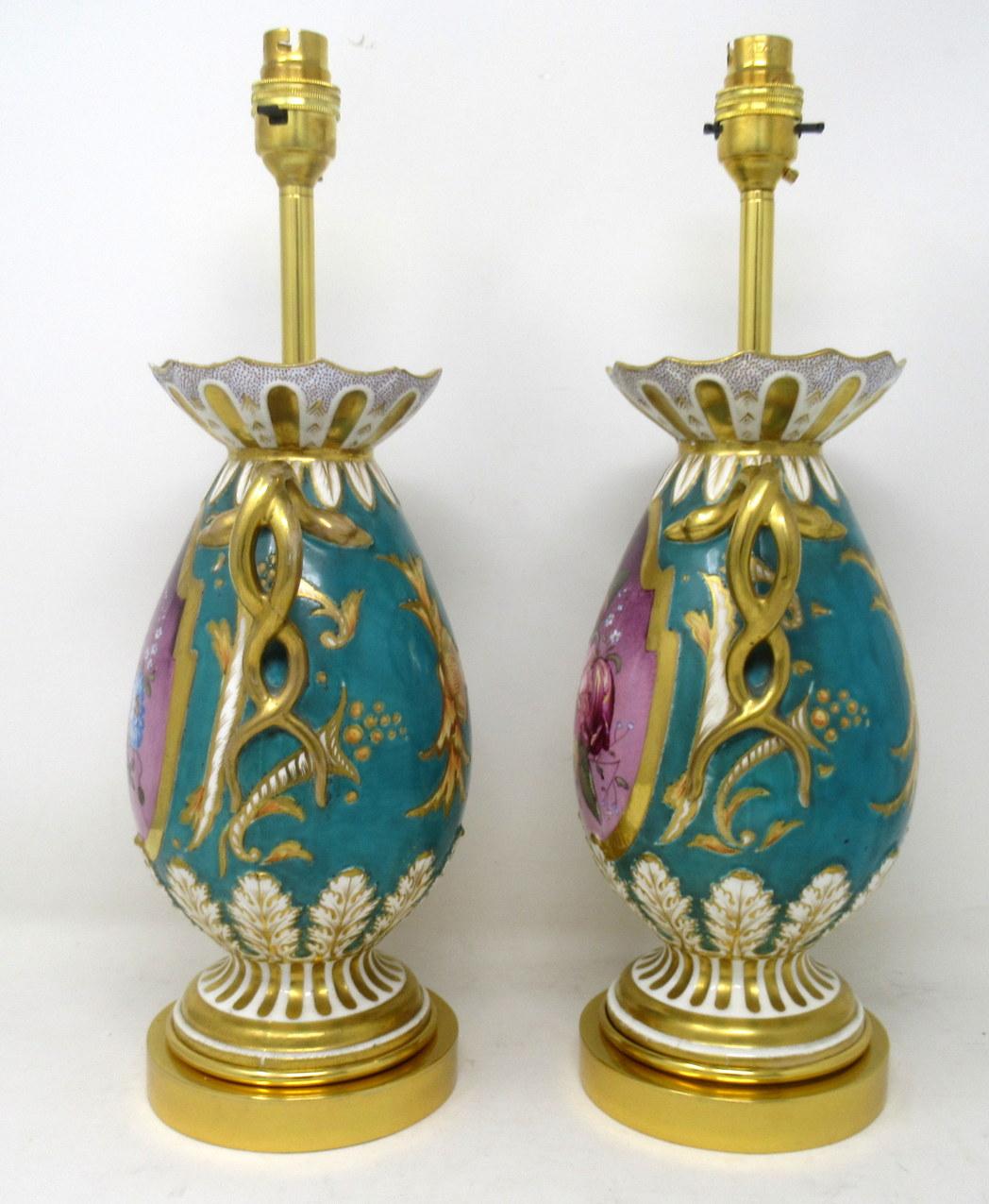 19th Century Antique Pair English Staffordshire Porcelain Table Lamps Ridgway or Rockingham For Sale