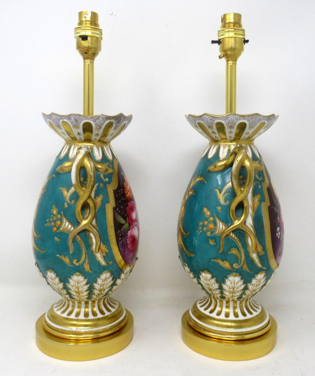 Ceramic Antique Pair English Staffordshire Porcelain Table Lamps Ridgway or Rockingham For Sale