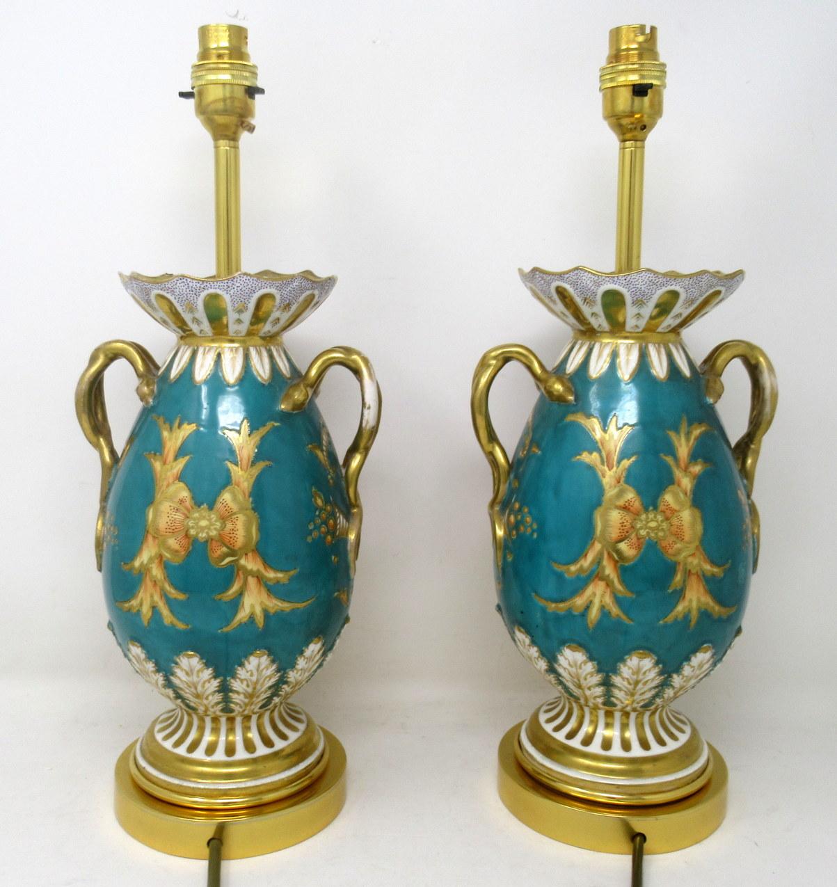 Antique Pair English Staffordshire Porcelain Table Lamps Ridgway or Rockingham For Sale 1