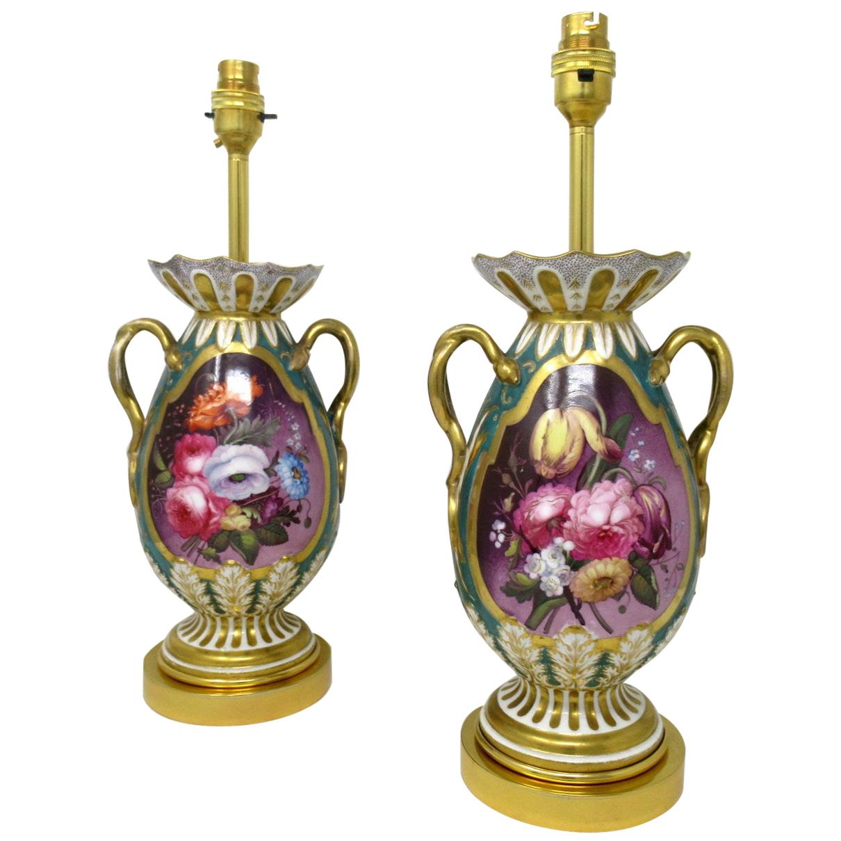 Antique Pair English Staffordshire Porcelain Table Lamps Ridgway or Rockingham For Sale