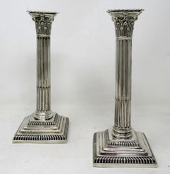Antique Pair English Sterling Silver Candlesticks Candelabra Corinthian Columns