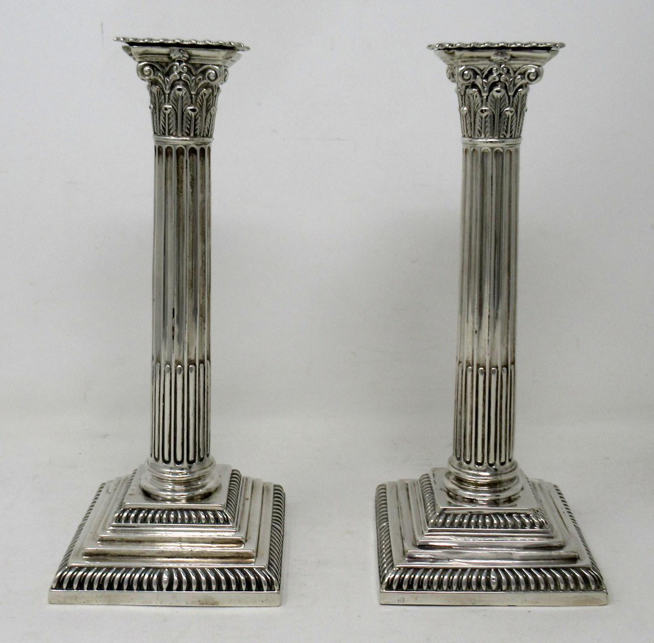 Victorian Antique Pair English Sterling Silver Candlesticks Candelabra Corinthian Columns
