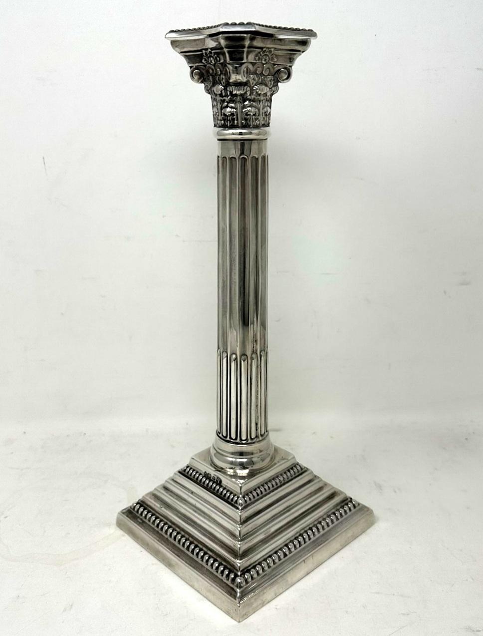 Mid-Century Modern Antique Pair English Sterling Silver Candlesticks Candelabra Corinthian Columns