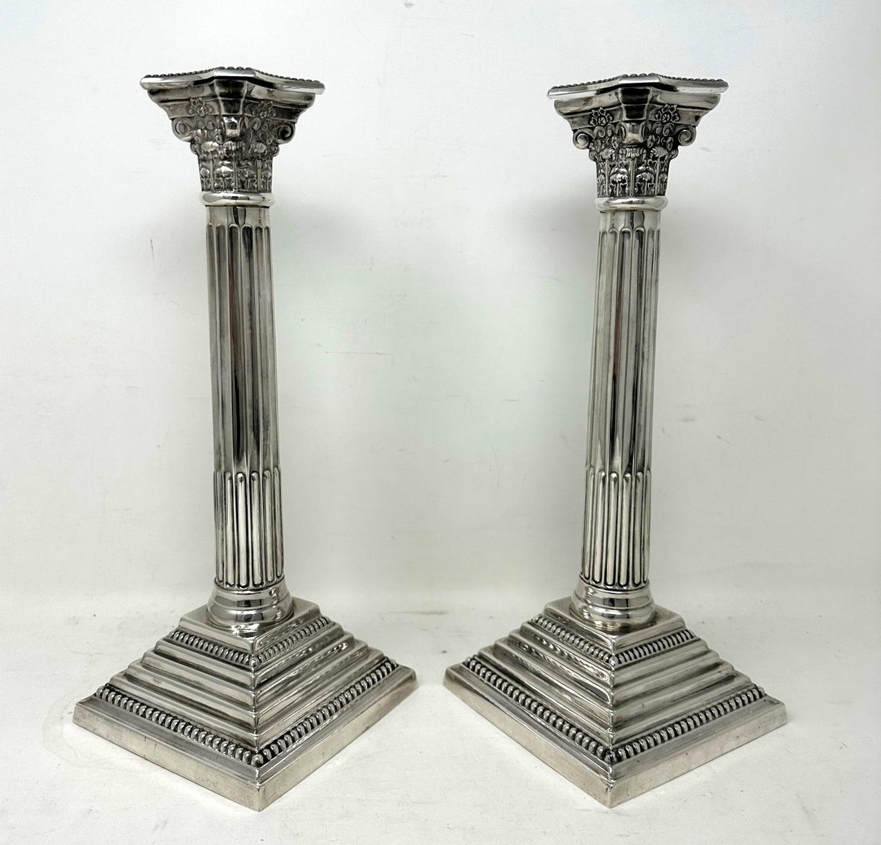 Cast Antique Pair English Sterling Silver Candlesticks Candelabra Corinthian Columns