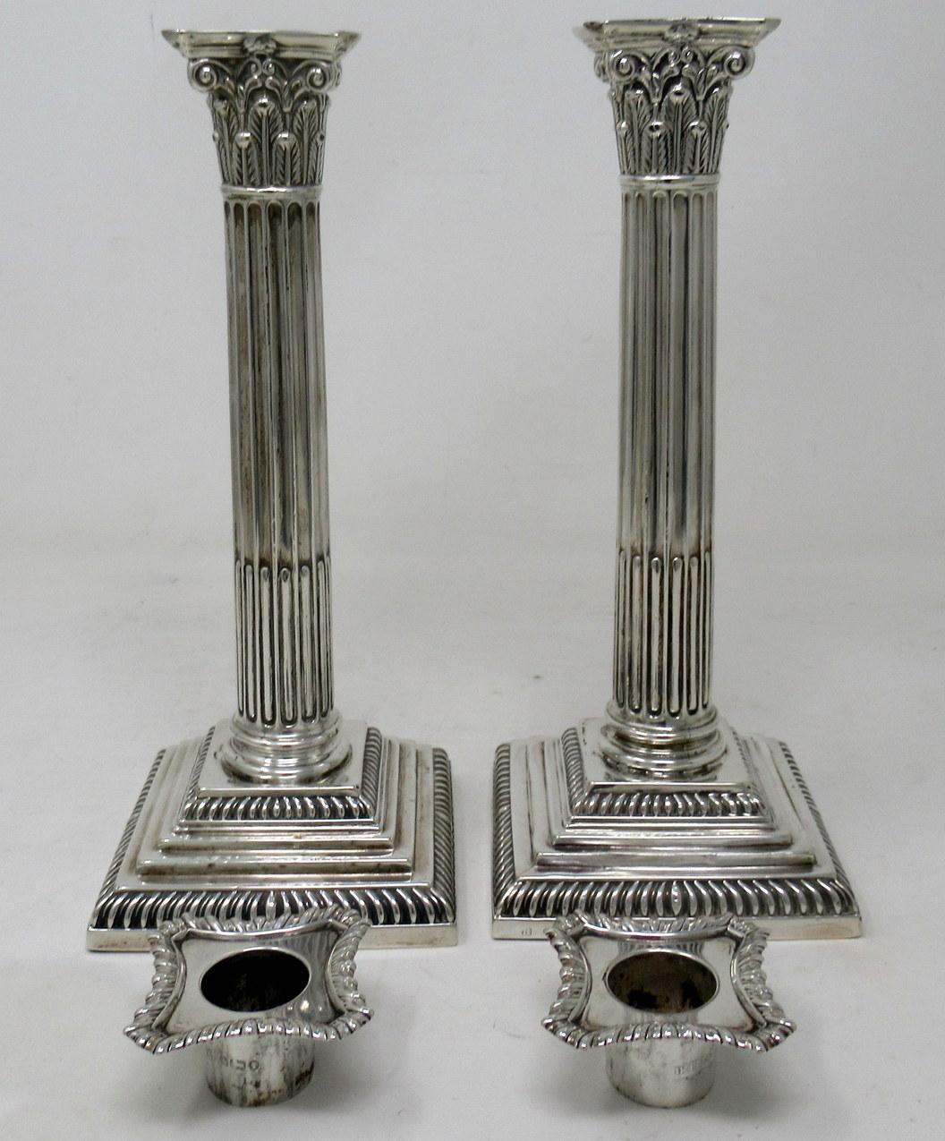 Antique Pair English Sterling Silver Candlesticks Candelabra Corinthian Columns In Good Condition In Dublin, Ireland