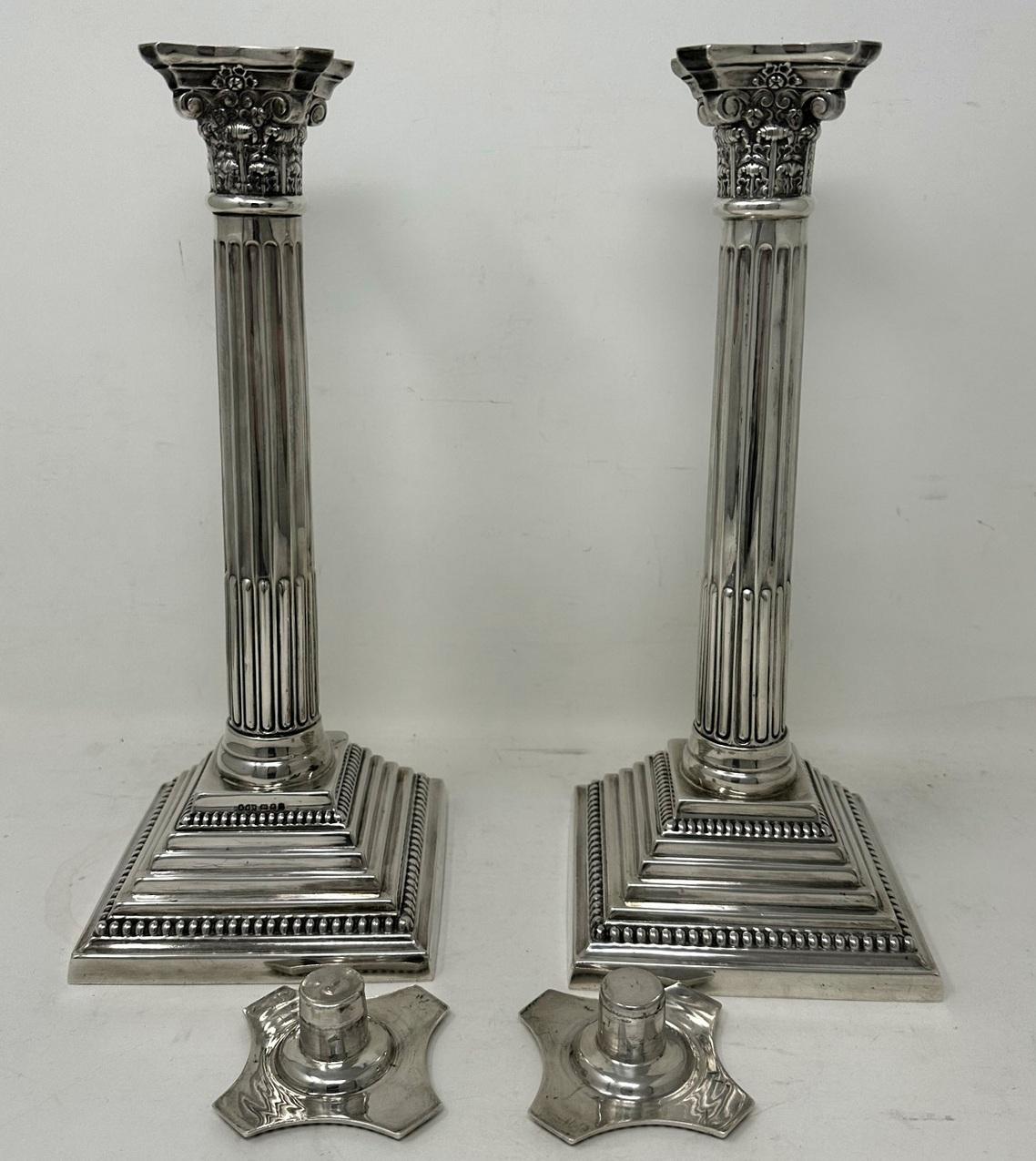 Antique Pair English Sterling Silver Candlesticks Candelabra Corinthian Columns In Good Condition In Dublin, Ireland