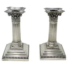 Antique Pair English Sterling Silver Candlesticks Candelabra Corinthian Columns