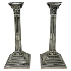 Antique Pair English Sterling Silver Candlesticks Candelabra Corinthian Columns