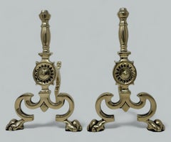 Antique Pair English Country House Victorian Brass Fireplace Fire Dogs Andrions