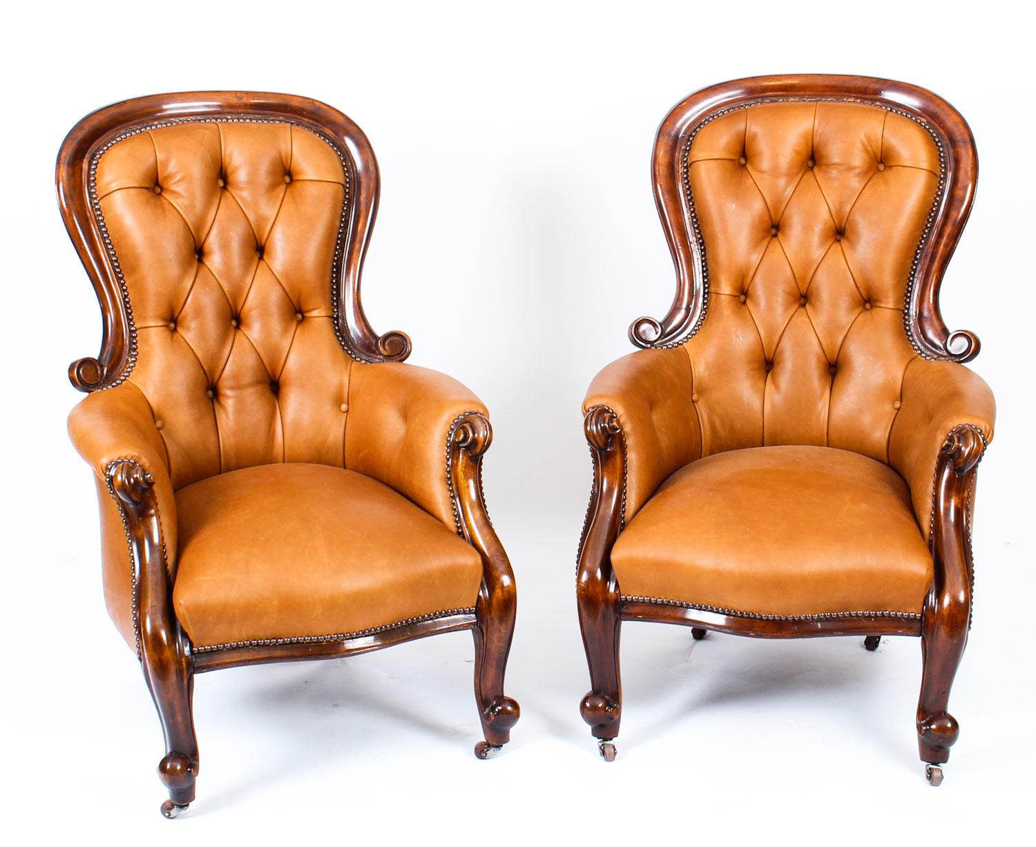 19th Century Pair of English Victorian Mahogany Spoonback Leather Armchairs 8
